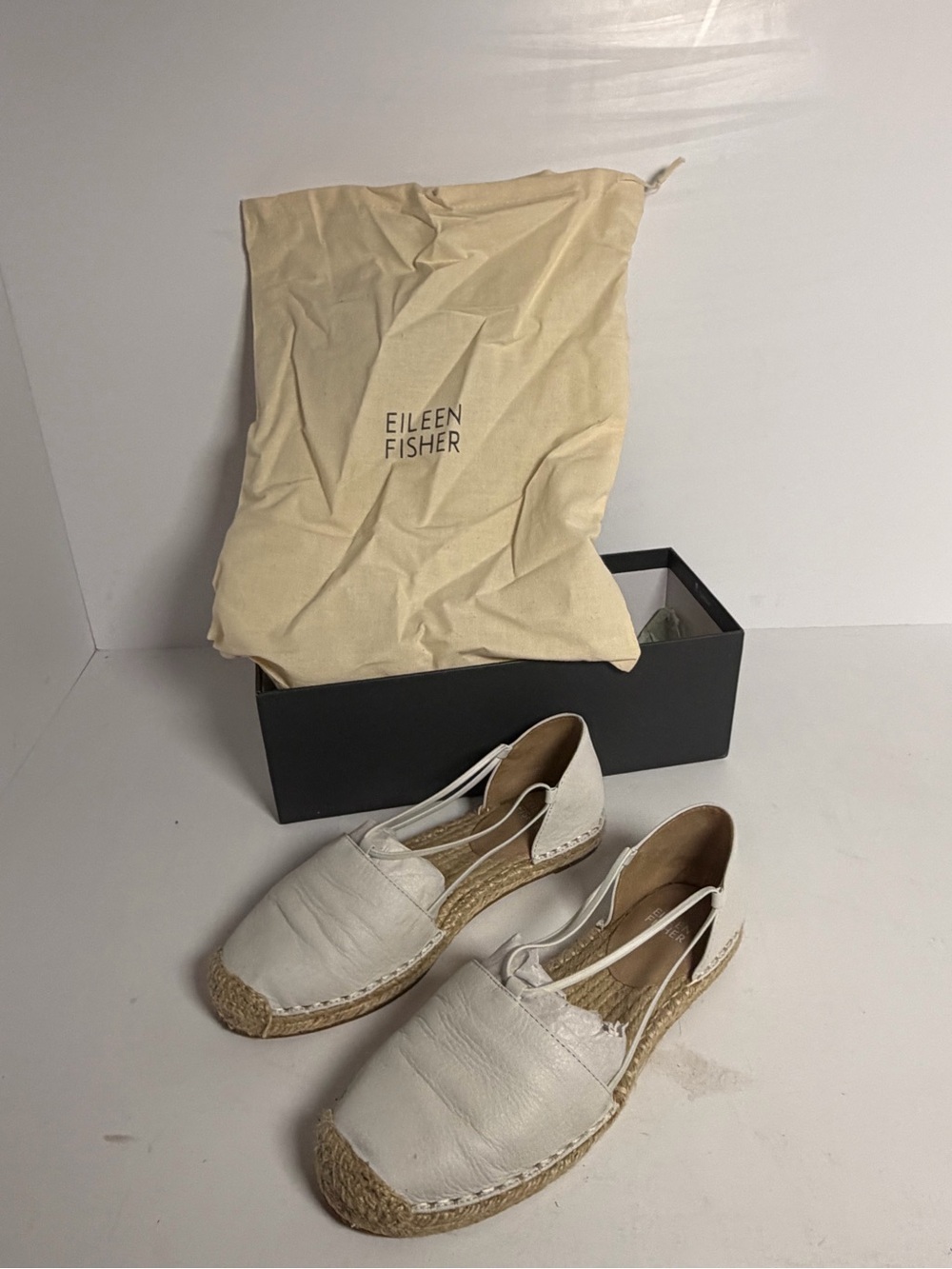 Eileen Fisher LEE-WL Espadrille Flats White Washed Leather Size 7M w/ Box